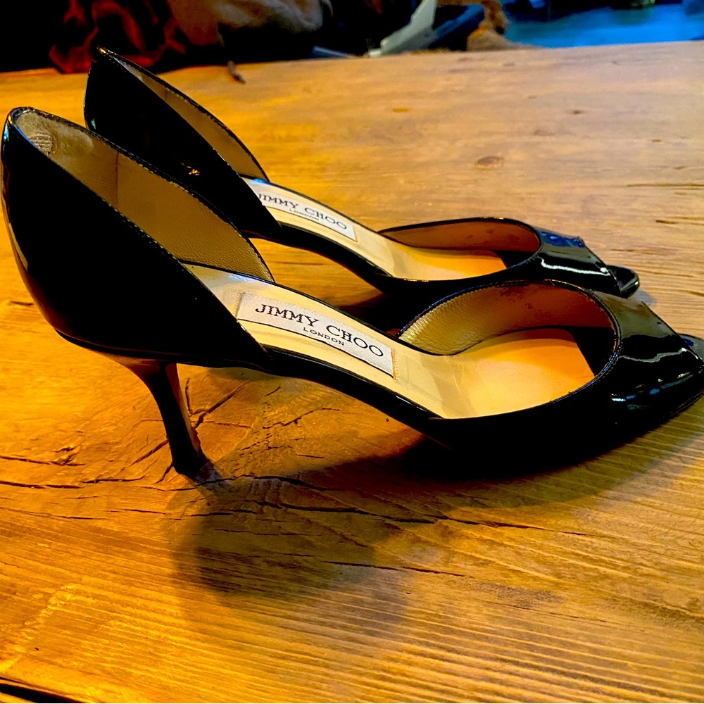Jimmy Choo patent leather, peep toe heels, size 37.5